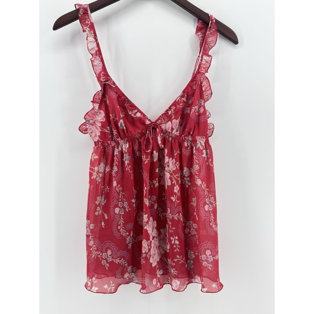 Y2K Victoria's Secret Sheer Raspberry Pink Floral Baby Doll Camo w/ Ruffled Trim